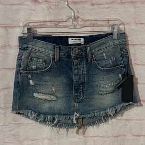One Teaspoon junk yard low rise button fly distressed raw curves hem denim skirt